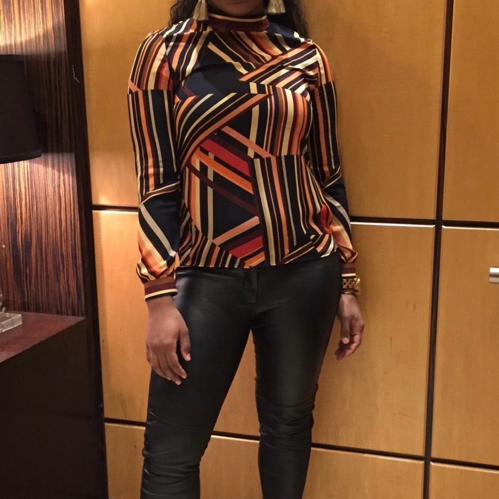 Zara Geometric Striped Mock Neck Top